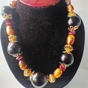 Vintage Tortoise Shell Beaded Necklace Lucite Rootbeer Necklace Bold Beaded Brow
